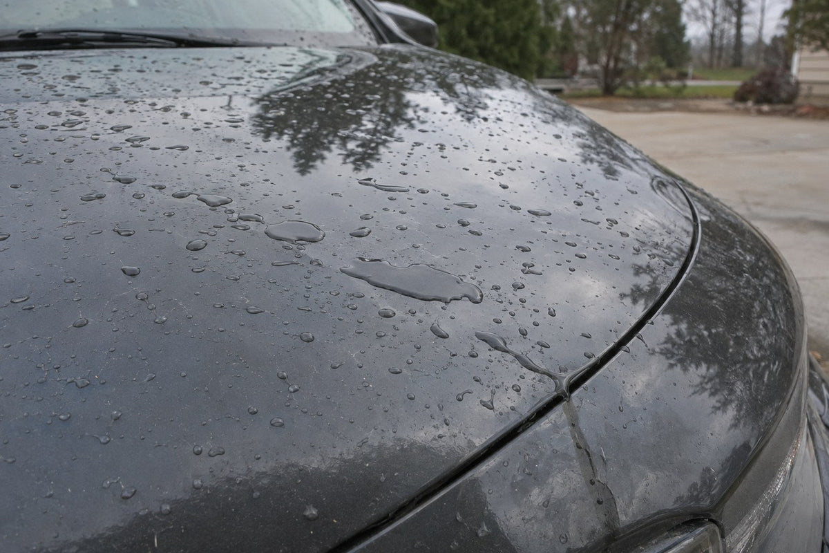 Water beading on a dark car hood — graphene vs ceramic coating honest chemistry breakdown