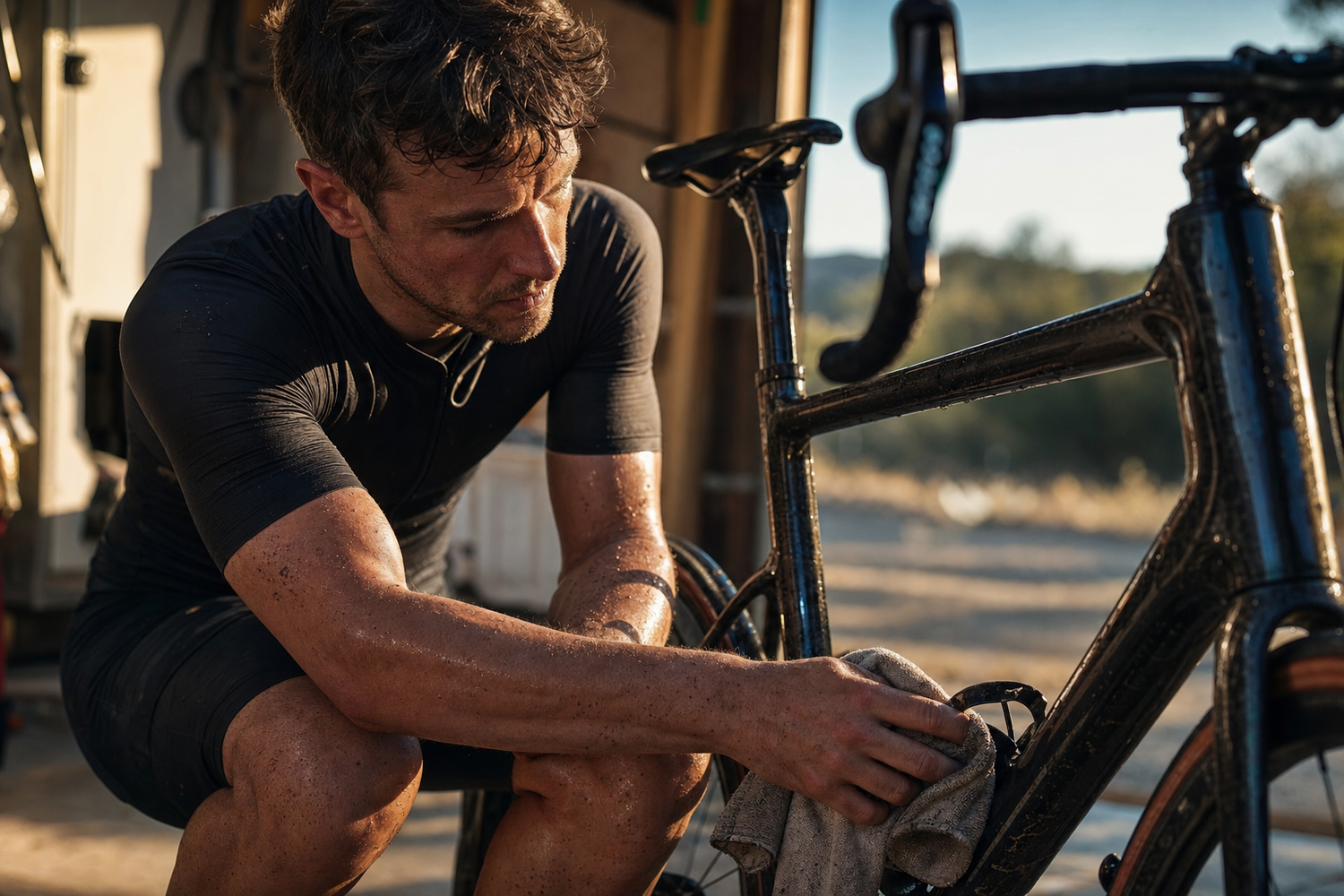Cyclist wiping sweat and road grime off a carbon bike frame after a ride