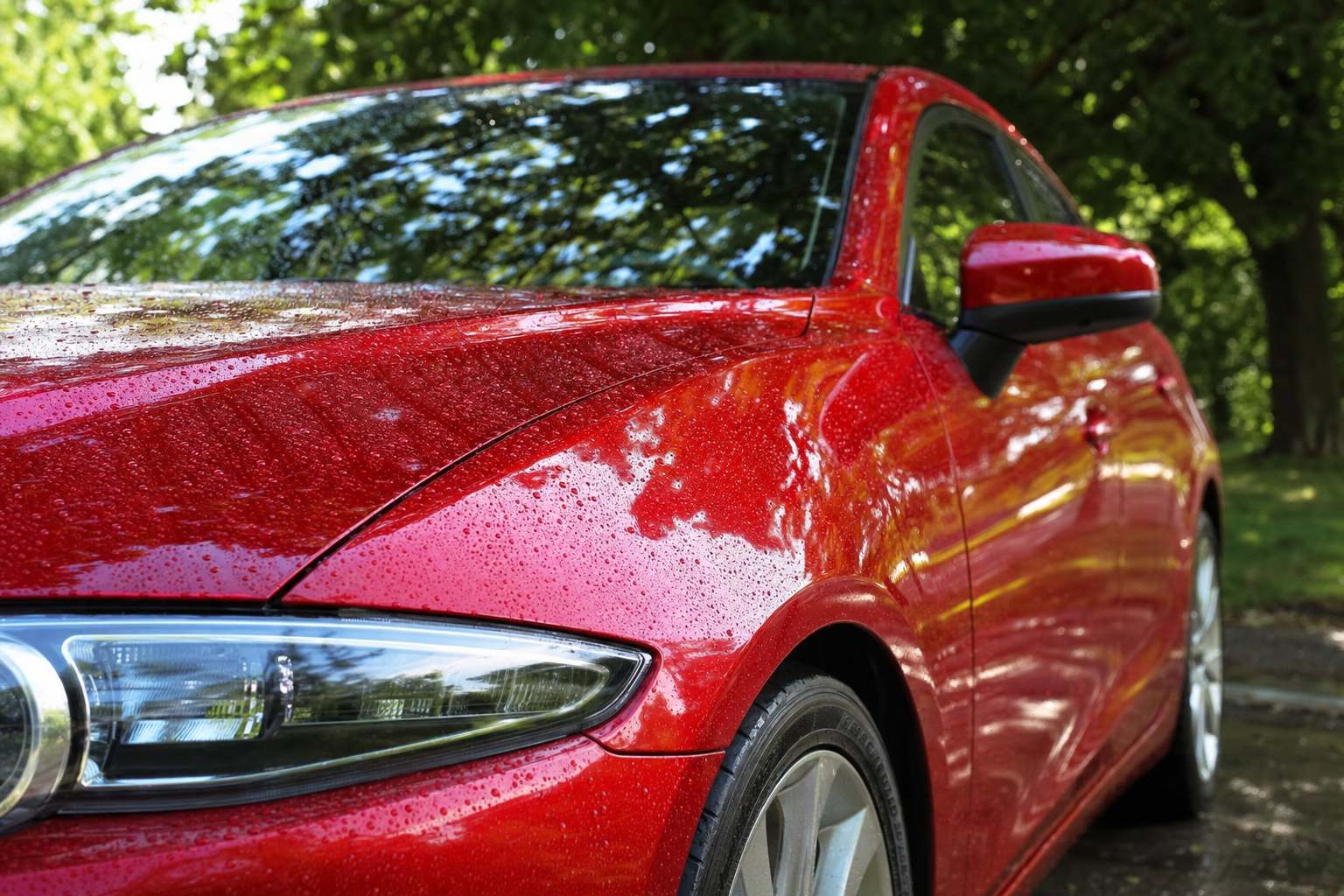 Water beading on a glossy red car hood protected from contaminants under trees