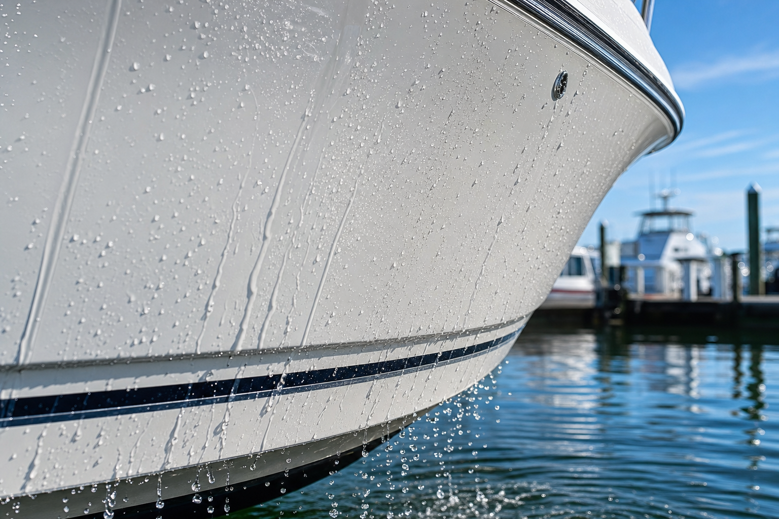 Water beading and sheeting off a glossy white boat hull gelcoat protected with a hydrophobic marine coating