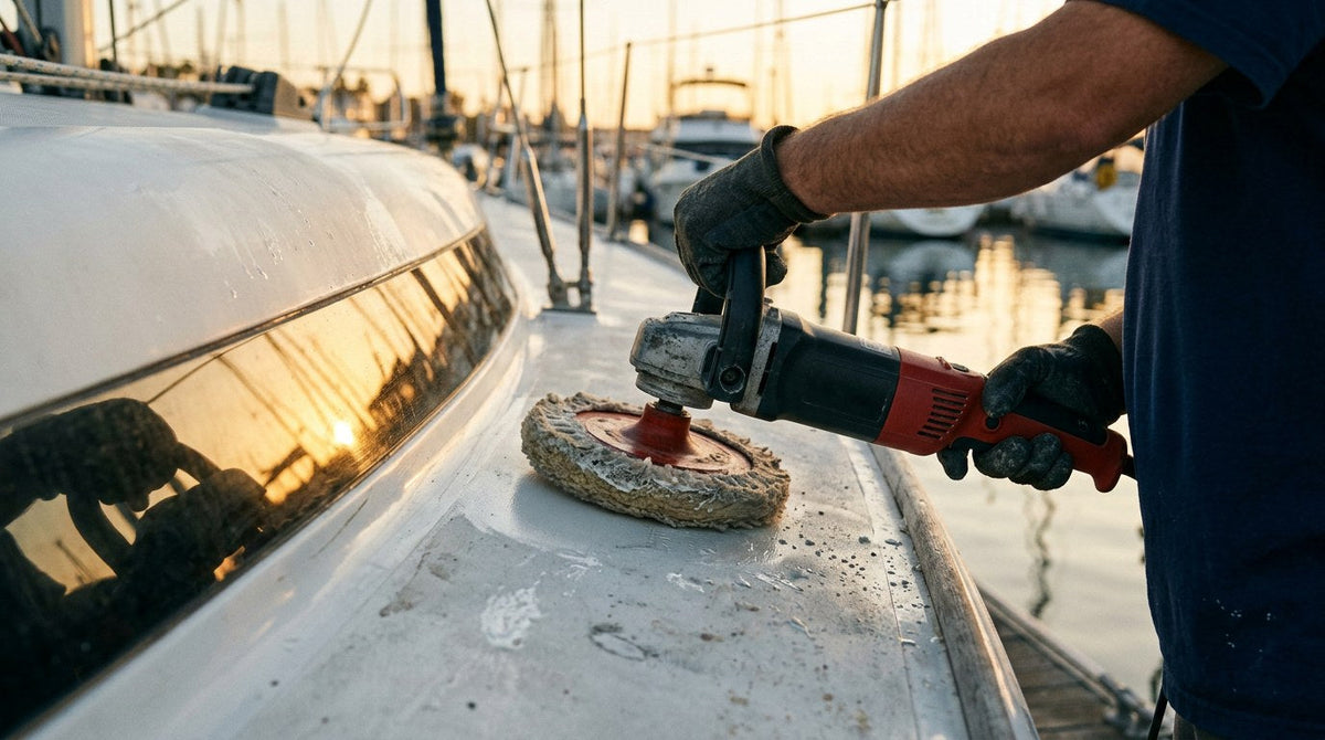 Using a rotary buffer with wool cutting pad on an oxidized fiberglass boat gelcoat hull