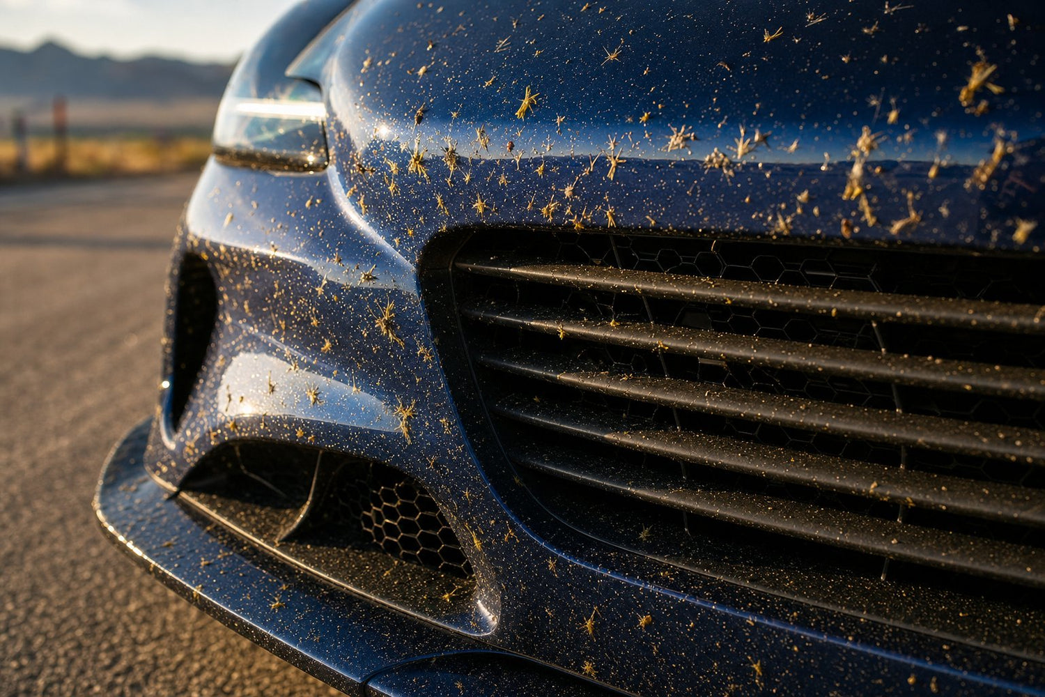 Dark blue sports car front bumper and grille covered in dried yellow summer bug splatter from highway driving showing the paint damage risk