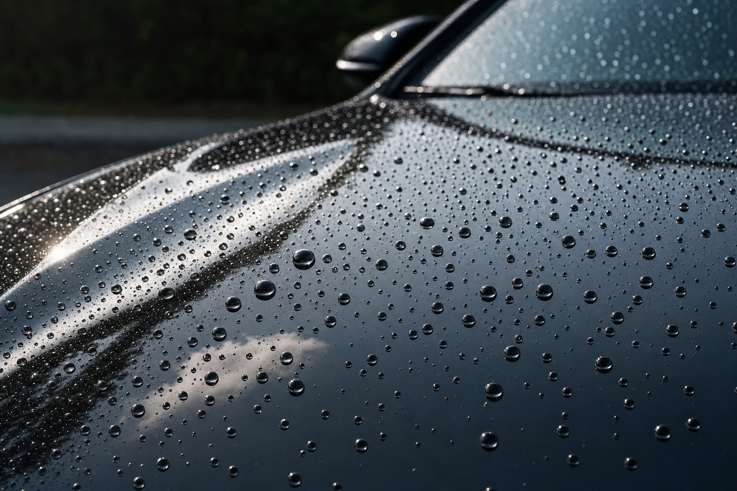 Water beading into tight droplets on glossy black car paint protected with a hydrophobic ceramic coating