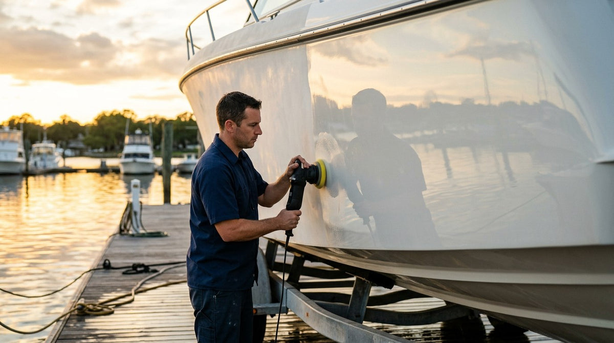 Marine detailer polishing a white fiberglass boat hull at a golden hour marina dock showing why marine polish is used on gelcoat instead of car polish