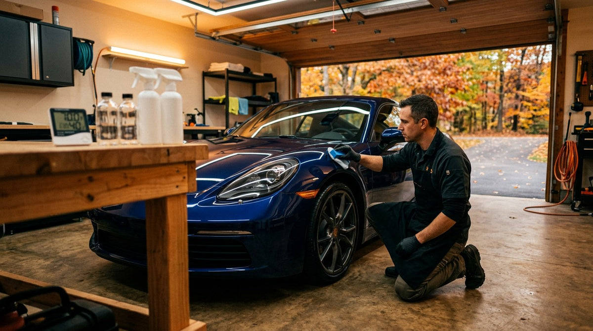 Detailer in a warm autumn garage applying ceramic coating to a glossy dark blue coupe with a digital thermometer on the workbench showing 70 degrees ideal application temperature