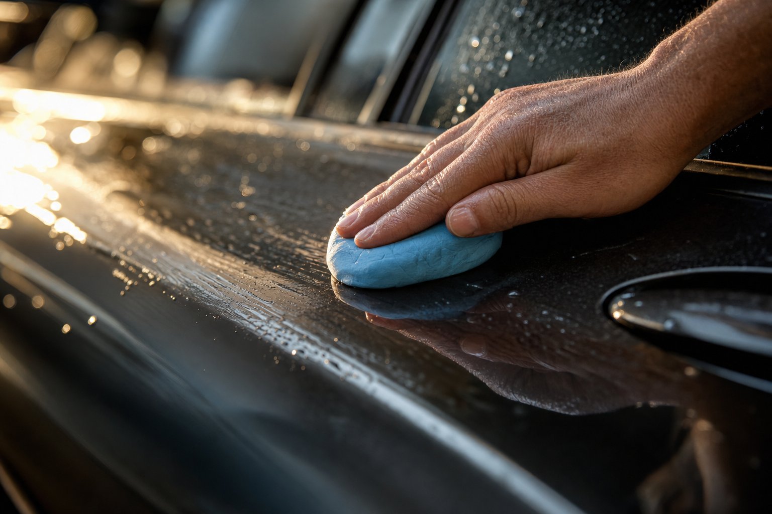 Hand pressing a blue clay bar across a wet, glossy black car door panel with visible water lubrication in golden light