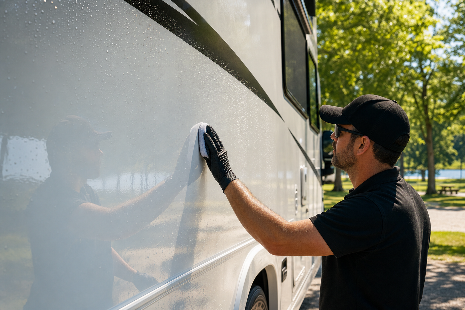 Detailer applying a protective coating to the glossy fiberglass side of a large RV motorhome