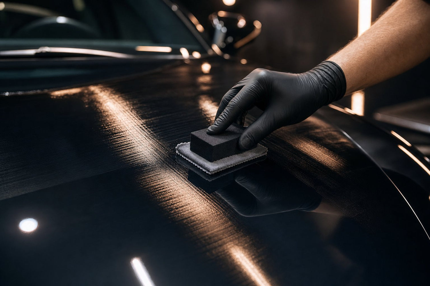 Gloved hand applying ceramic coating with a foam applicator block in crosshatch pattern on a black car hood
