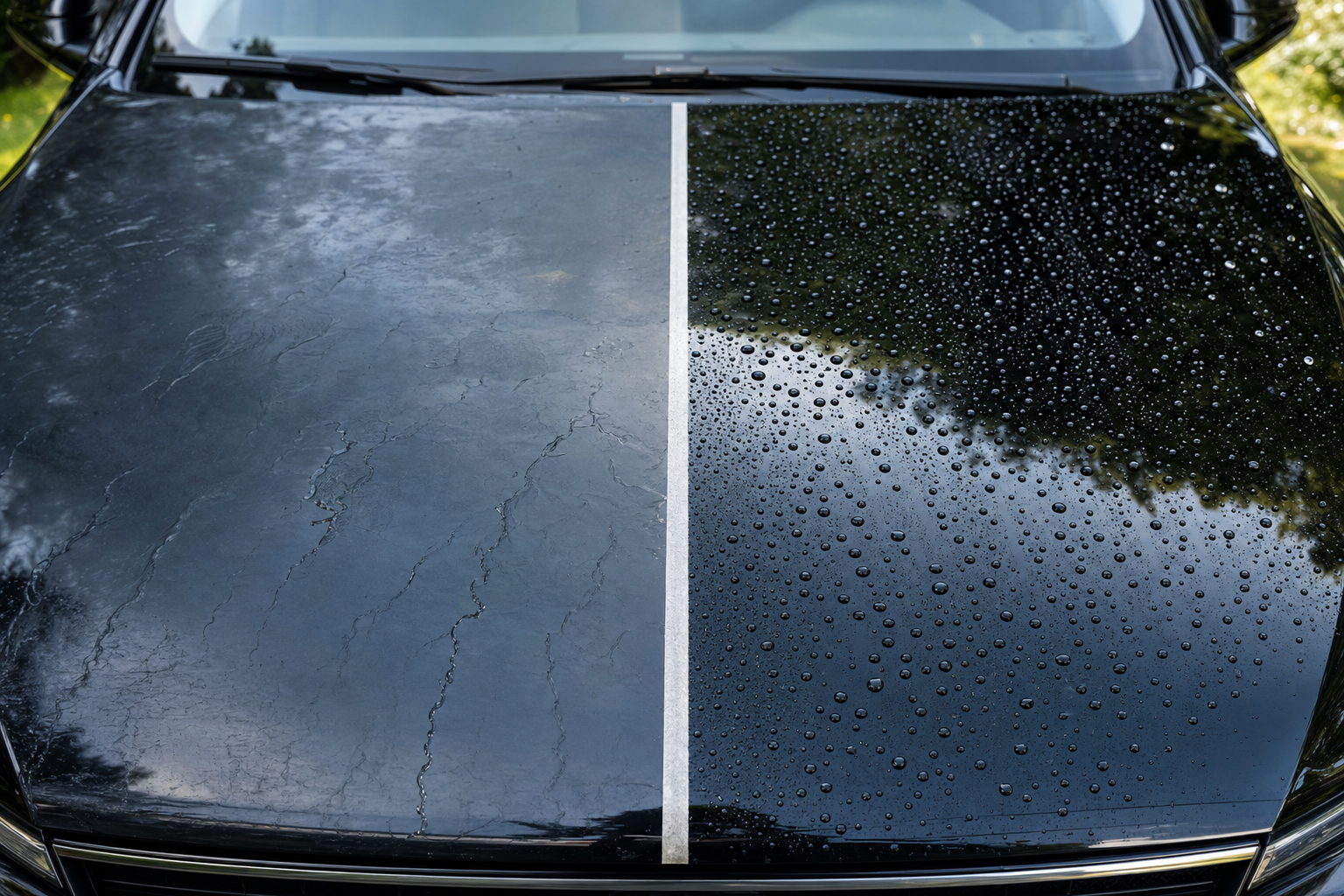 A black car hood split between dull flat water on one side and strong water beading on the other