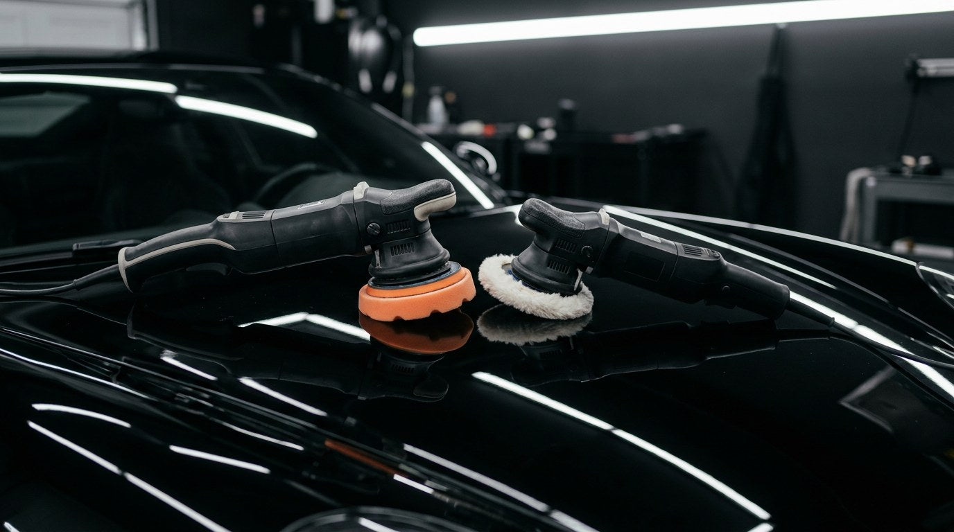 Dual action random orbital polisher with orange cutting foam pad sitting next to a rotary polisher with white wool finishing pad on a jet black glossy car hood in a professional detailing bay comparing DA vs rotary paint correction machines