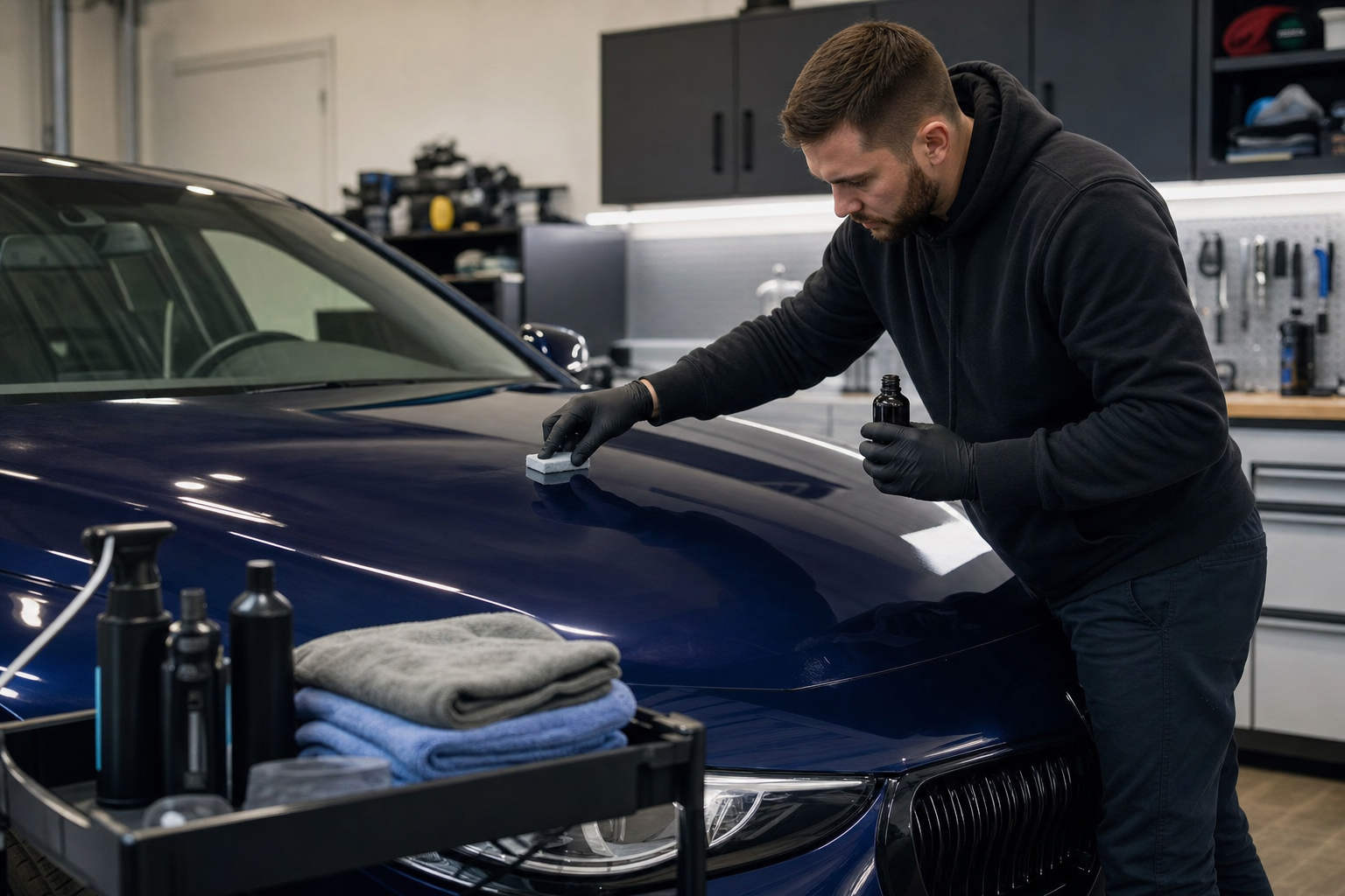 Person applying ceramic coating to a car in a clean garage setting