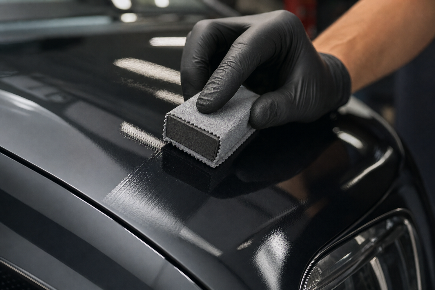 A gloved hand applying ceramic coating to glossy black car paint with an applicator block