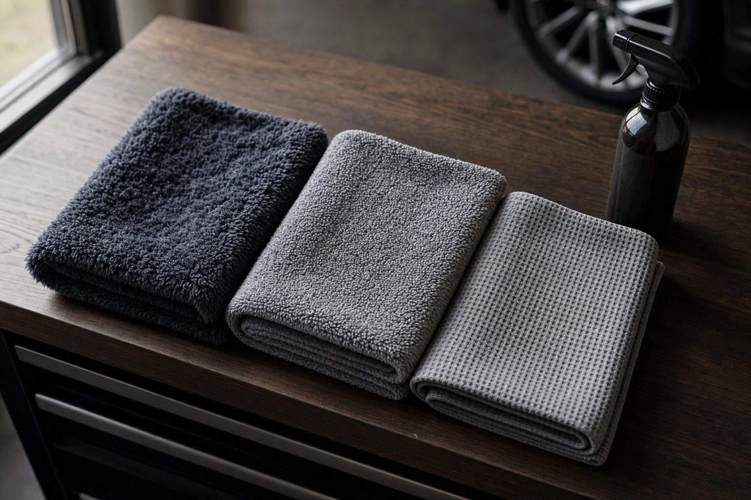Three car drying towels in different weaves plush twisted loop and waffle folded on wood bench