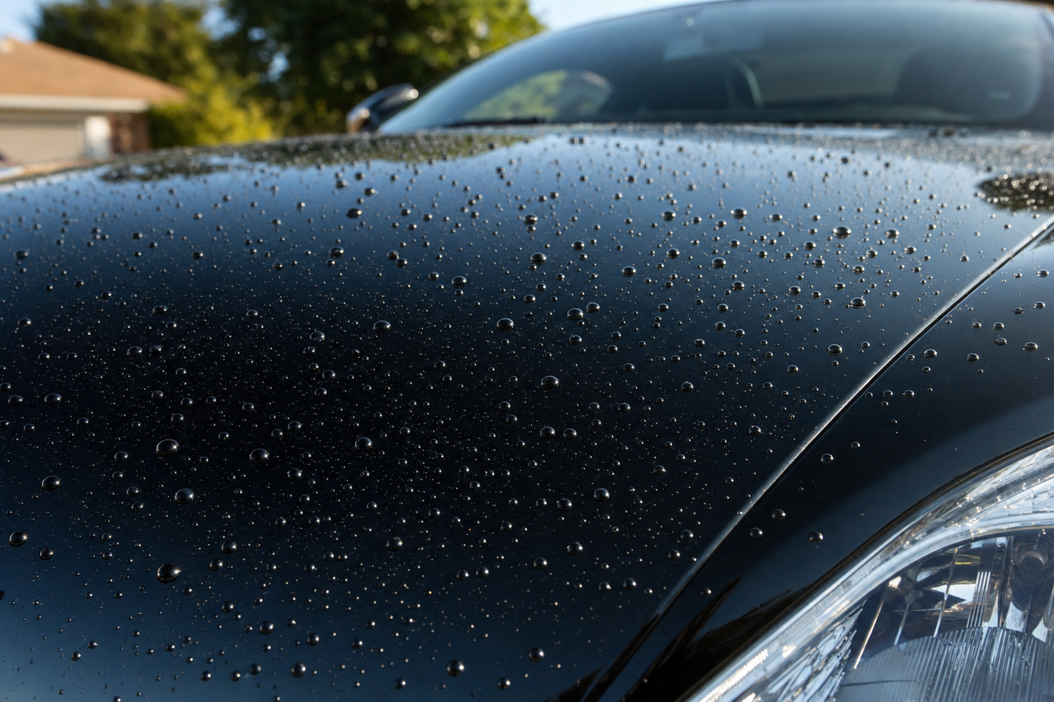 Water beading on a glossy black car hood with a fresh ceramic coating