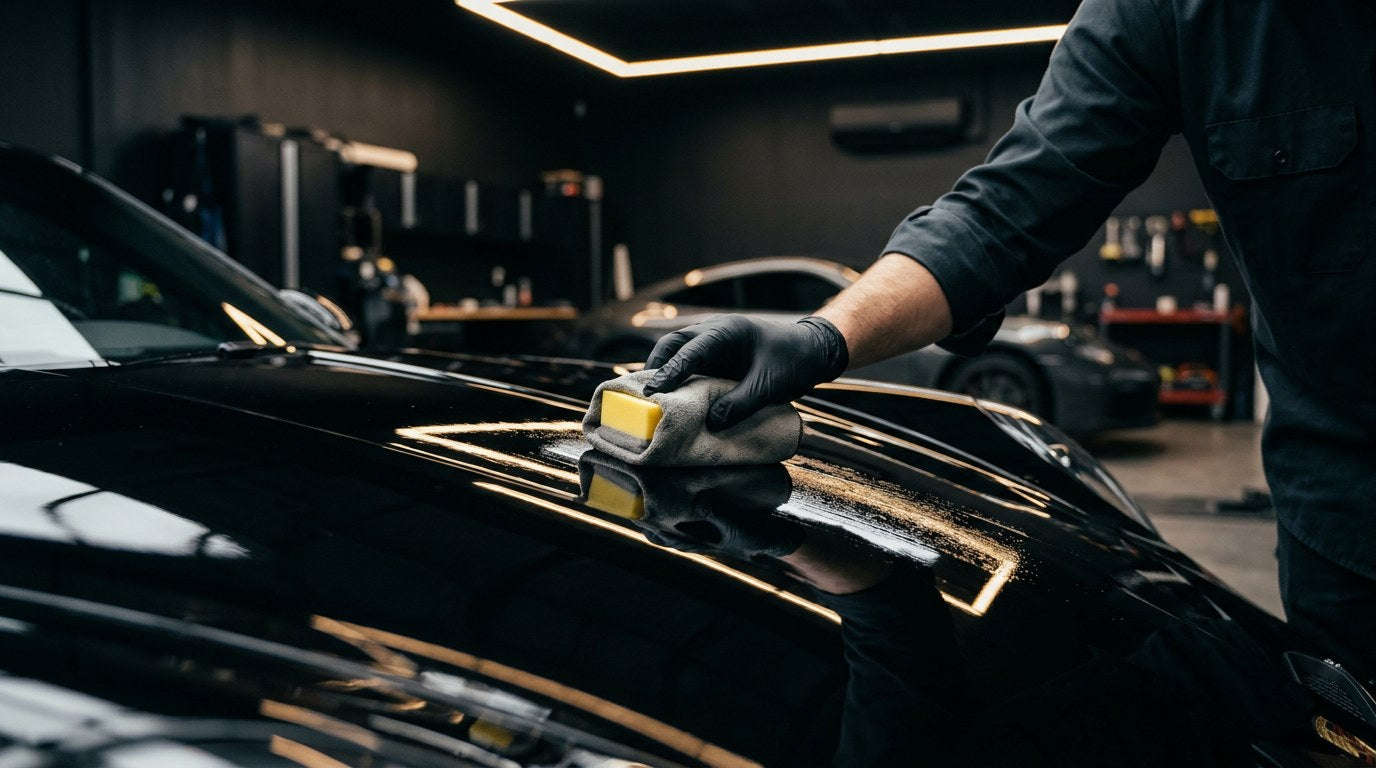 Detailer applying a ceramic coating to a black car hood with a suede-wrapped applicator, showing the wet reflective layer