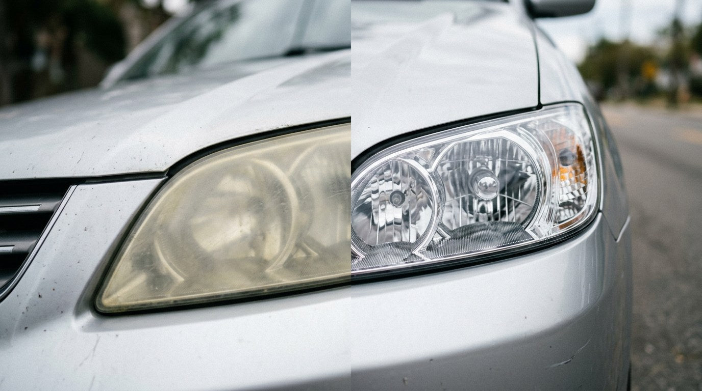 Side by side headlight restoration comparison on a silver sedan showing a heavily yellowed oxidized lens next to a crystal clear freshly restored headlight