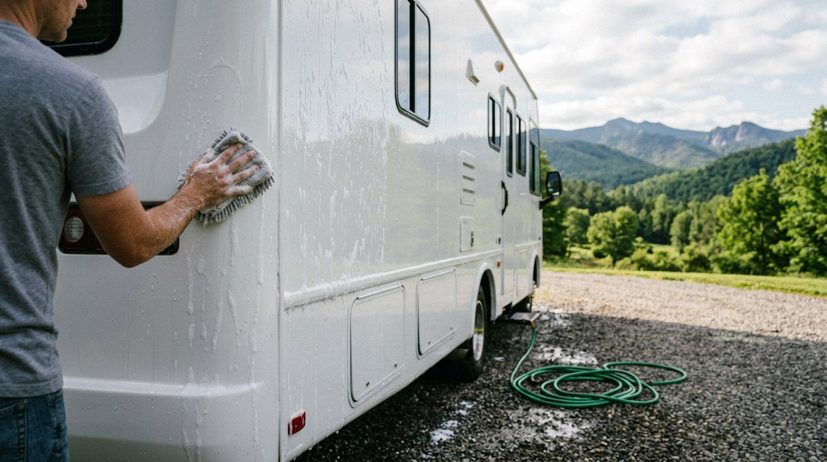 Motorhome hand-washed with foam and microfiber mitt against mountain backdrop — how to get a water spot free wash on a motorhome