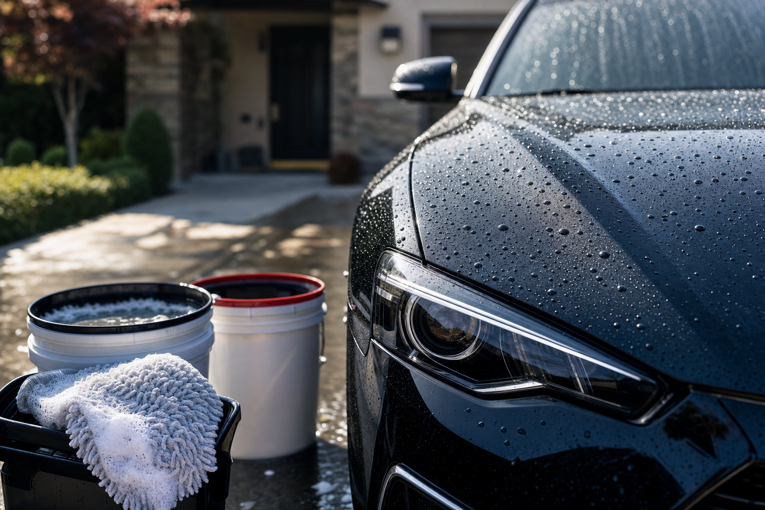 Two-bucket wash setup beside a ceramic coated car with water beading dramatically on the hood