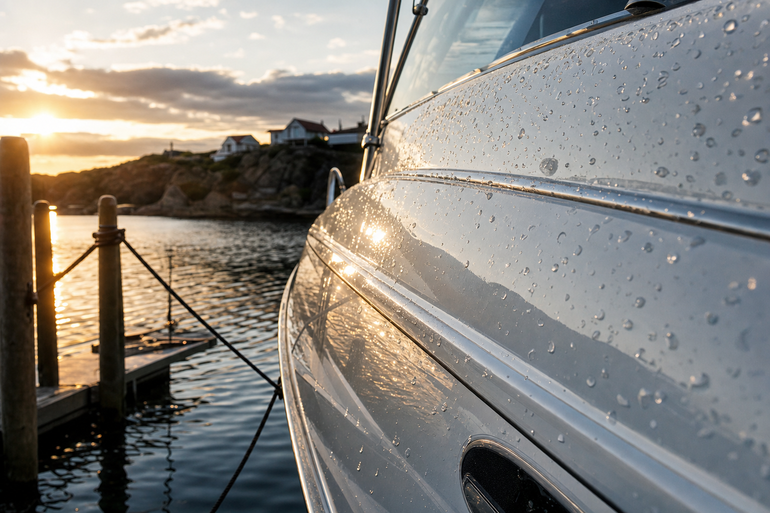 Glossy white boat hull with water beading docked at a marina at golden hour