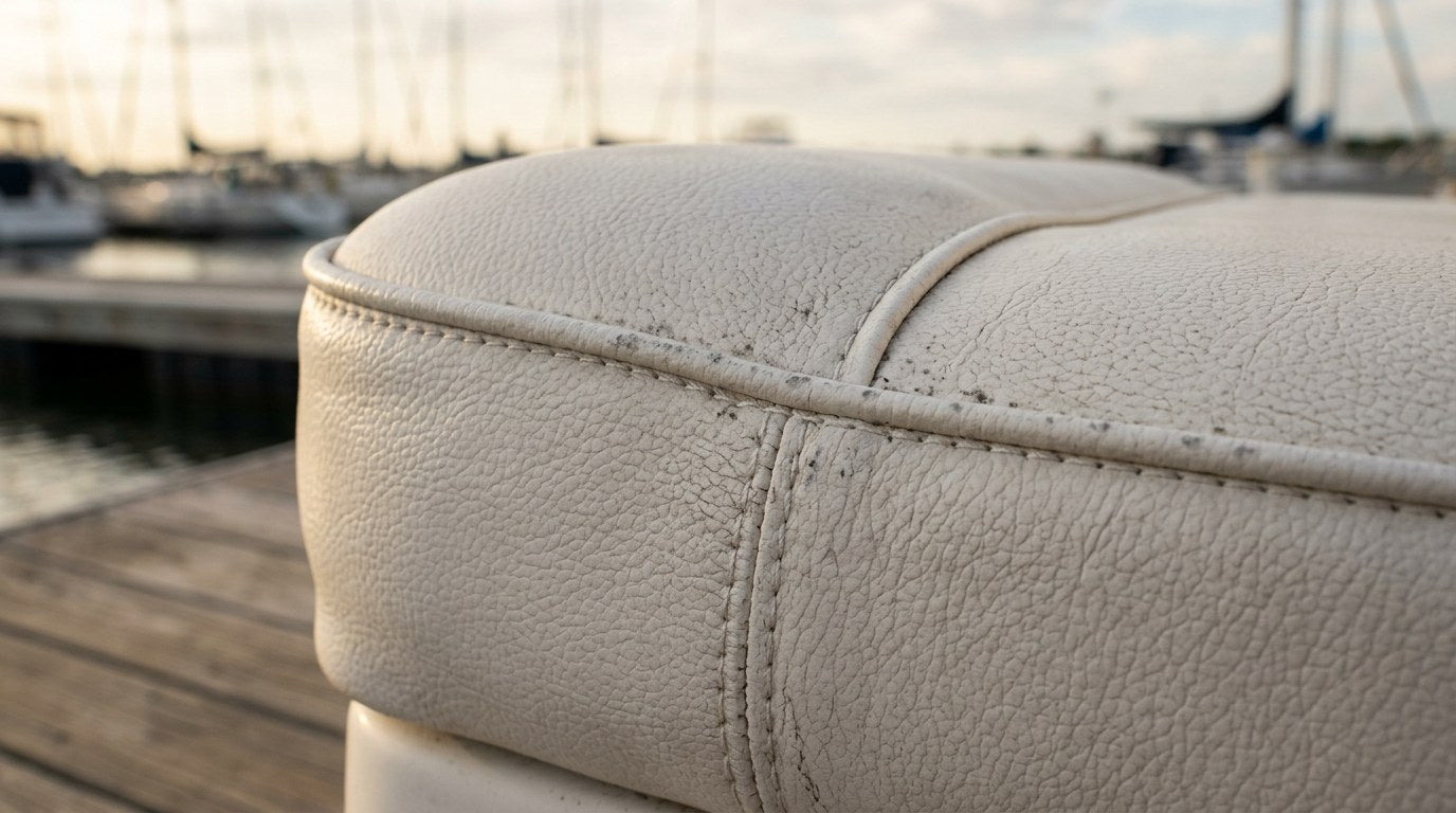 Marine vinyl boat seat with mildew stains along piping in marina