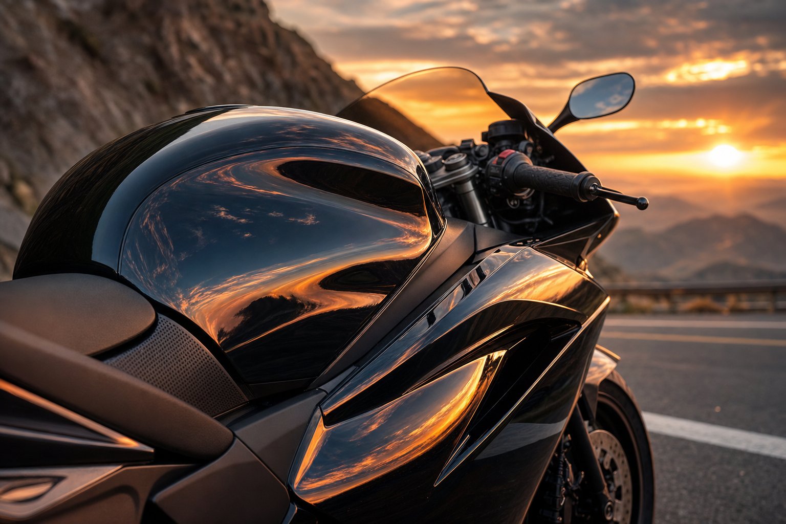 Black sport motorcycle fuel tank and fairings with glossy paint reflecting sunset sky on mountain road