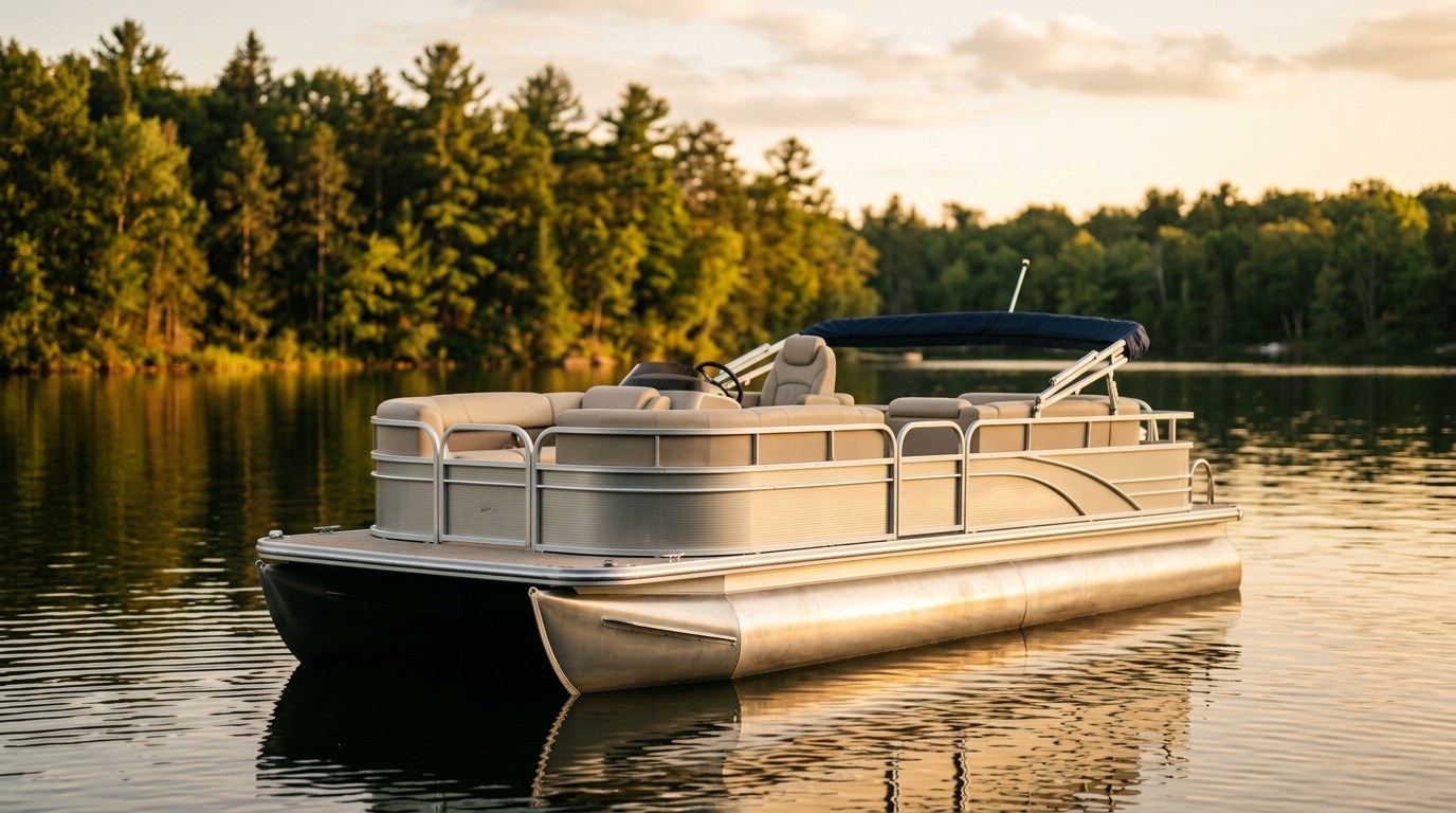 Aluminum pontoon boat floating on calm lake at golden hour with clean brushed pontoon tubes