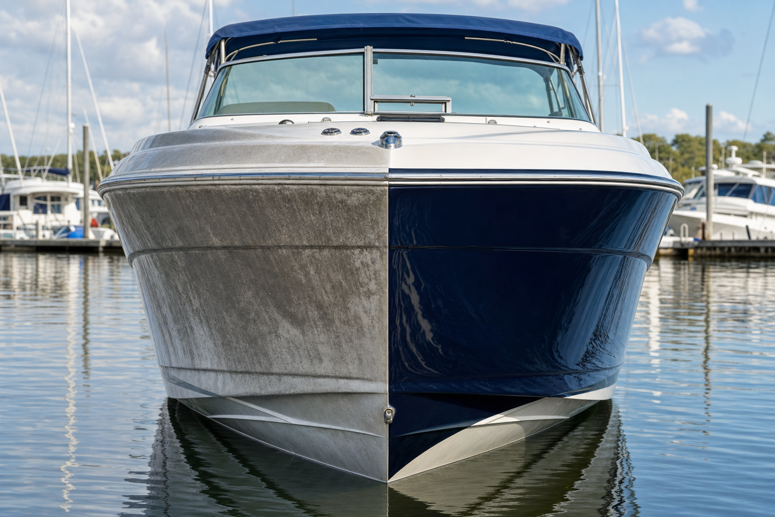 Fiberglass boat at marina showing dramatic before-after split between chalky oxidized and restored glossy gelcoat