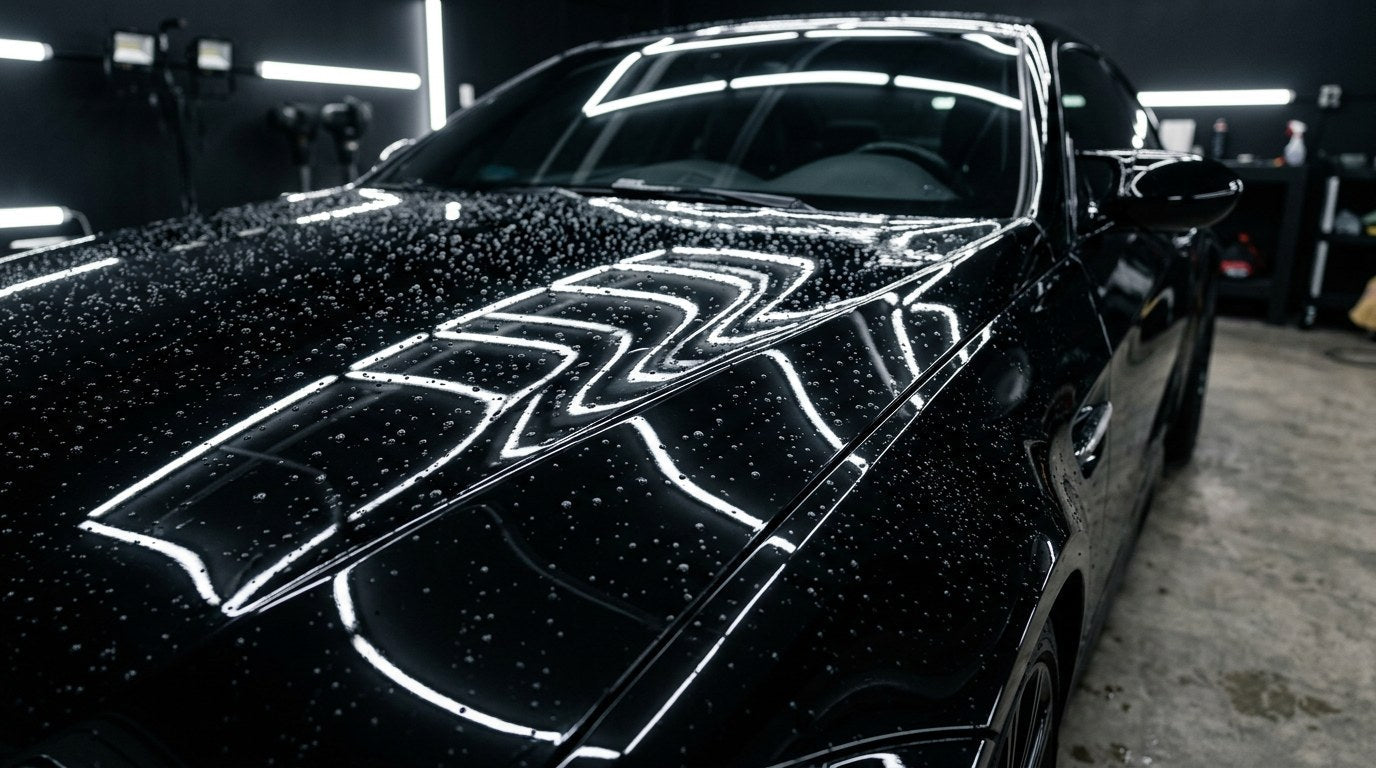 Deep glossy jet black coupe in a professional detailing studio with overhead LED shop lights reflecting sharply in the mirror finish paint and water beading tightly on the hood showing Pro Plus ceramic coating gloss and hydrophobic protection