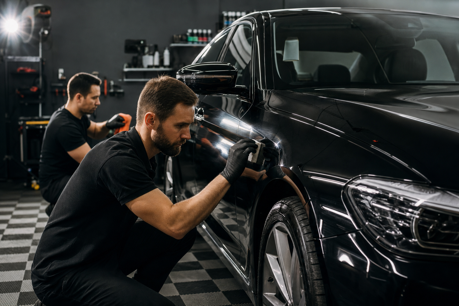 Detailer applying ceramic coating to a car panel, comparing Undrdog Pro and Pro Plus application technique