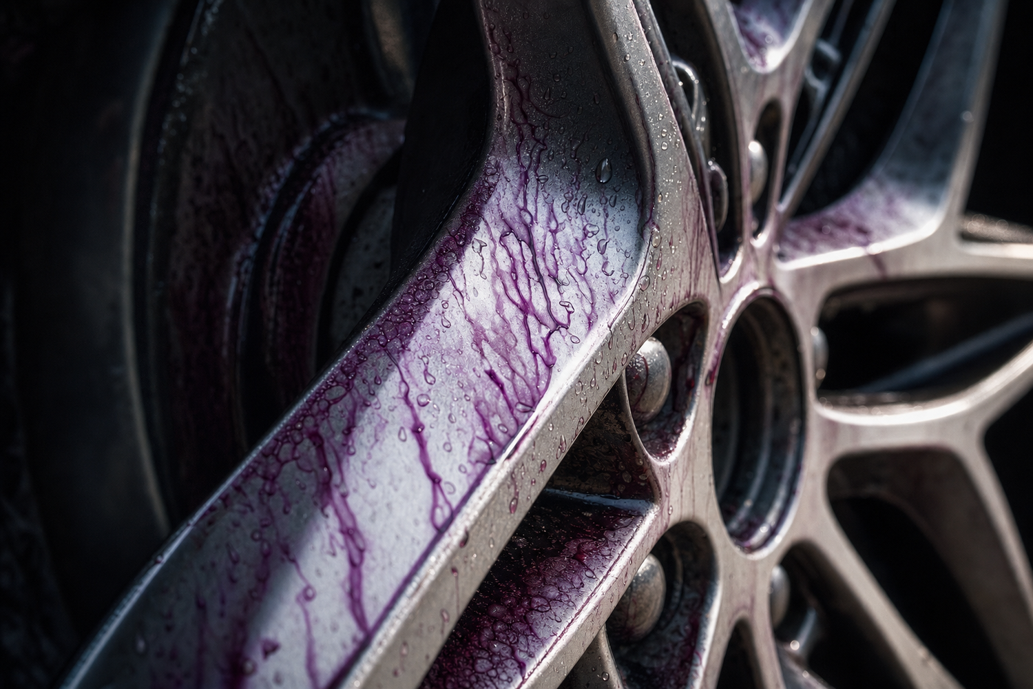 Purple iron fallout remover reaction bleeding on a car alloy wheel showing embedded contamination