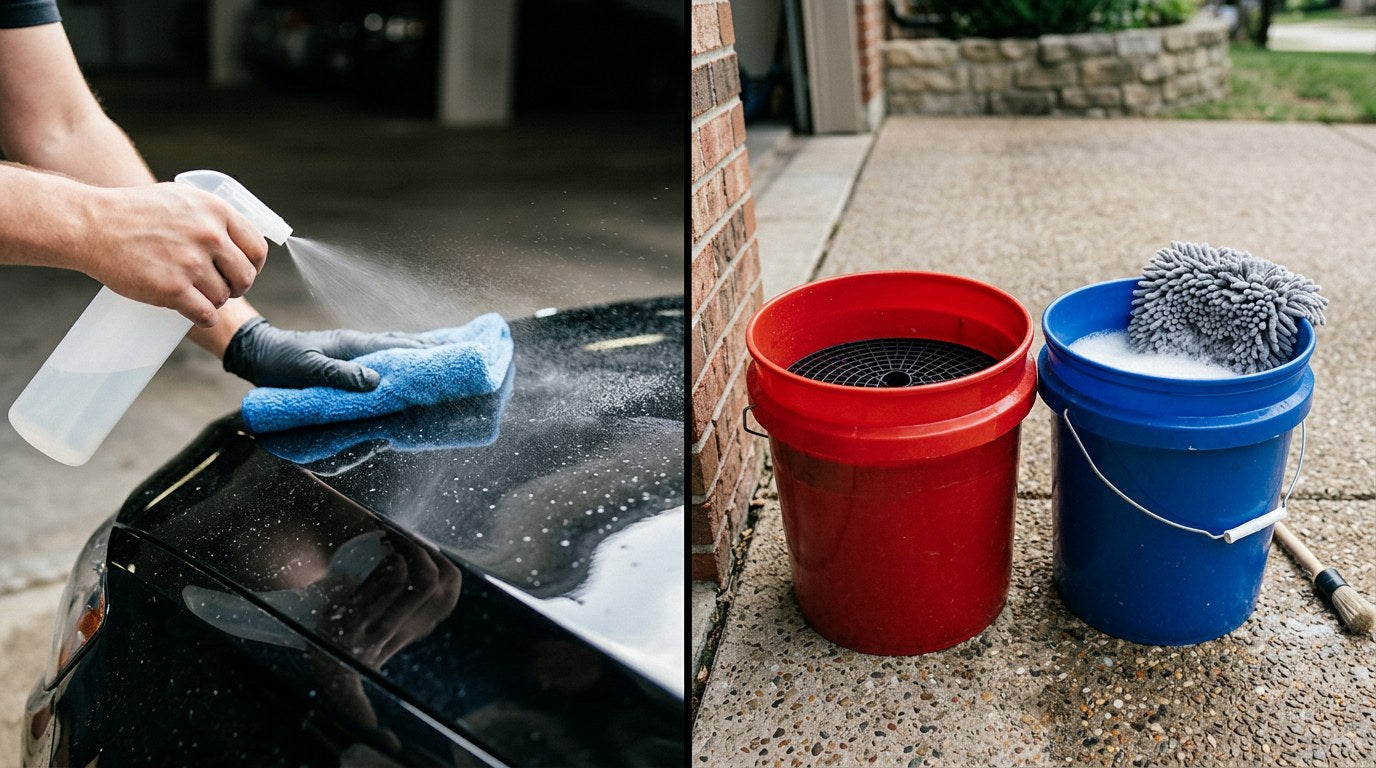 Split scene comparison of waterless car wash spray-and-wipe technique next to a traditional two-bucket rinseless setup