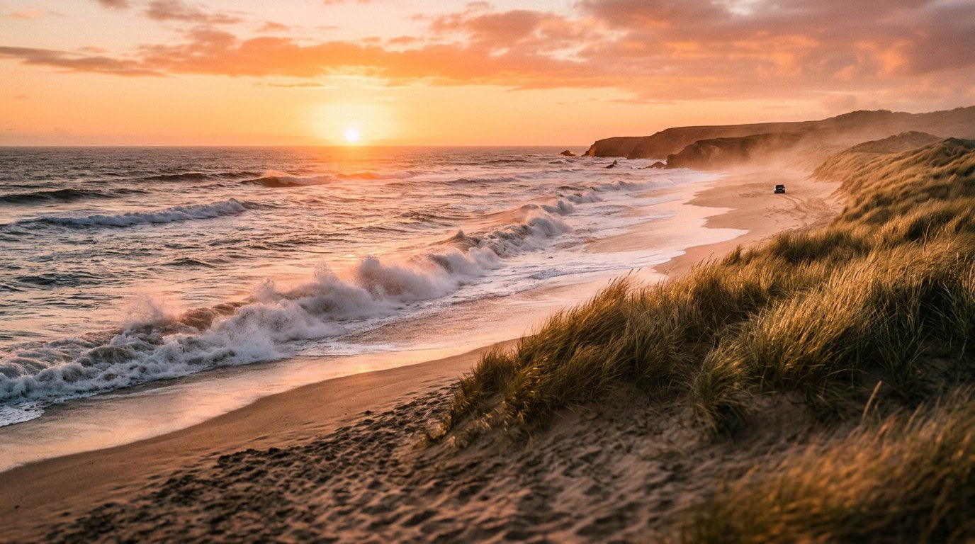 Coastal beach at sunset with ocean waves and sea spray, illustrating the saltwater environment that damages car paint