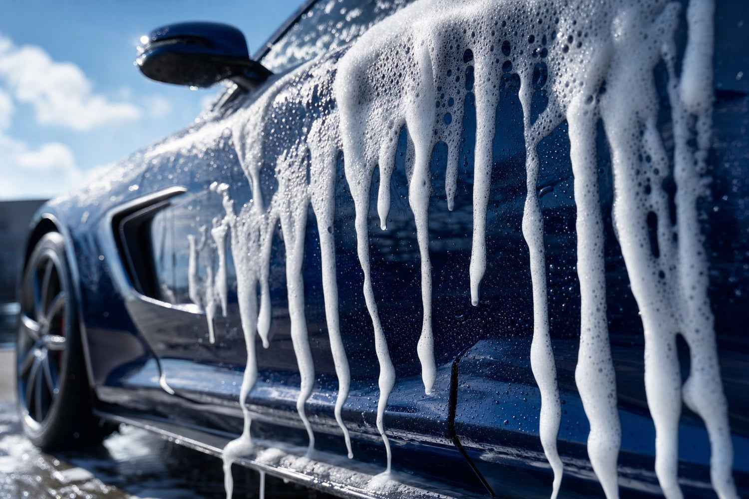 Thick foam suds cascading down a glossy dark blue sports car during a ceramic-safe car wash