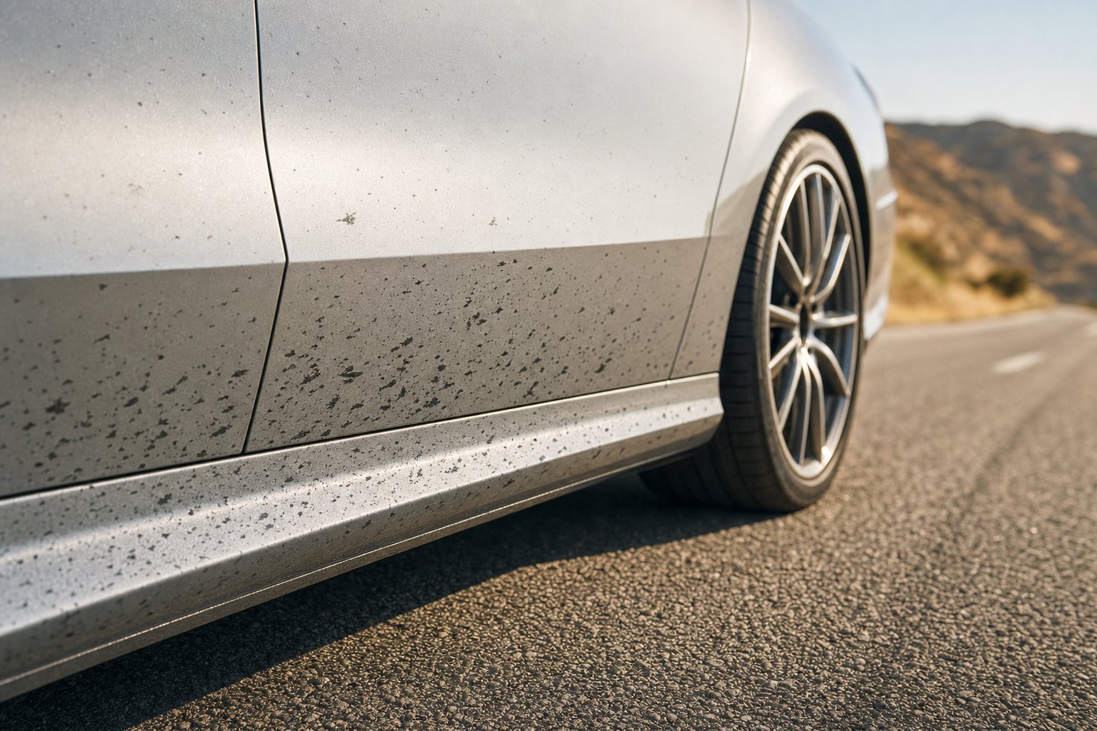 Road tar splatter on silver car rocker panel and behind rear wheel arch