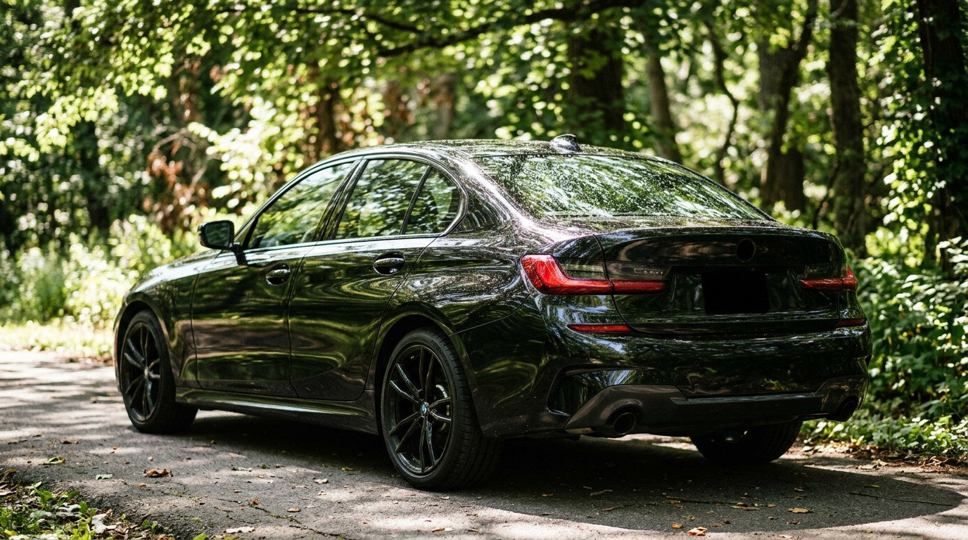 Black sedan parked under summer tree canopy with tree sap and honeydew speckled across paint