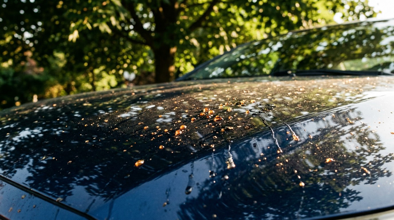 Sticky amber tree sap droplets and honeydew scattered across a dark navy car hood surface parked under a leafy tree in late summer showing paint contamination that needs removal