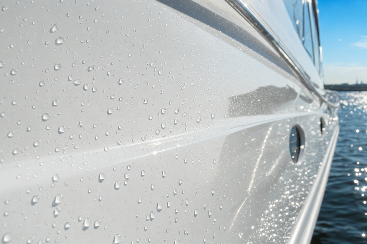 Tight water beads on a freshly coated glossy hull