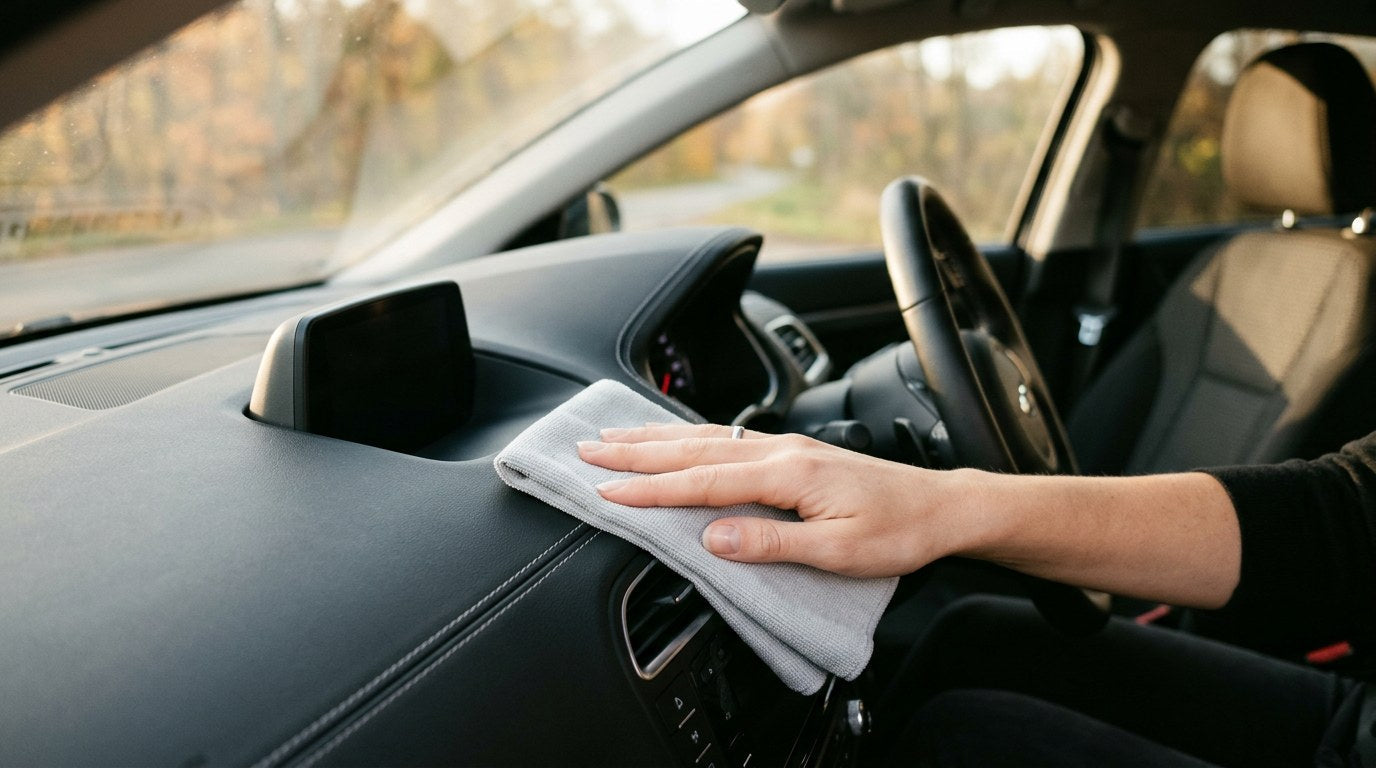 Wiping dashboard of a modern car interior with a clean microfiber cloth after using Undrdog Interior Cleaner