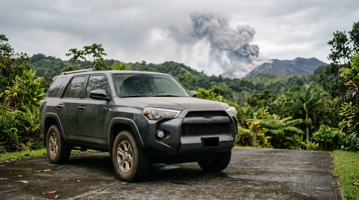 SUV coated in volcanic ash in a Hawaii driveway with a volcanic plume behind, before learning how to clean volcanic ash off a car