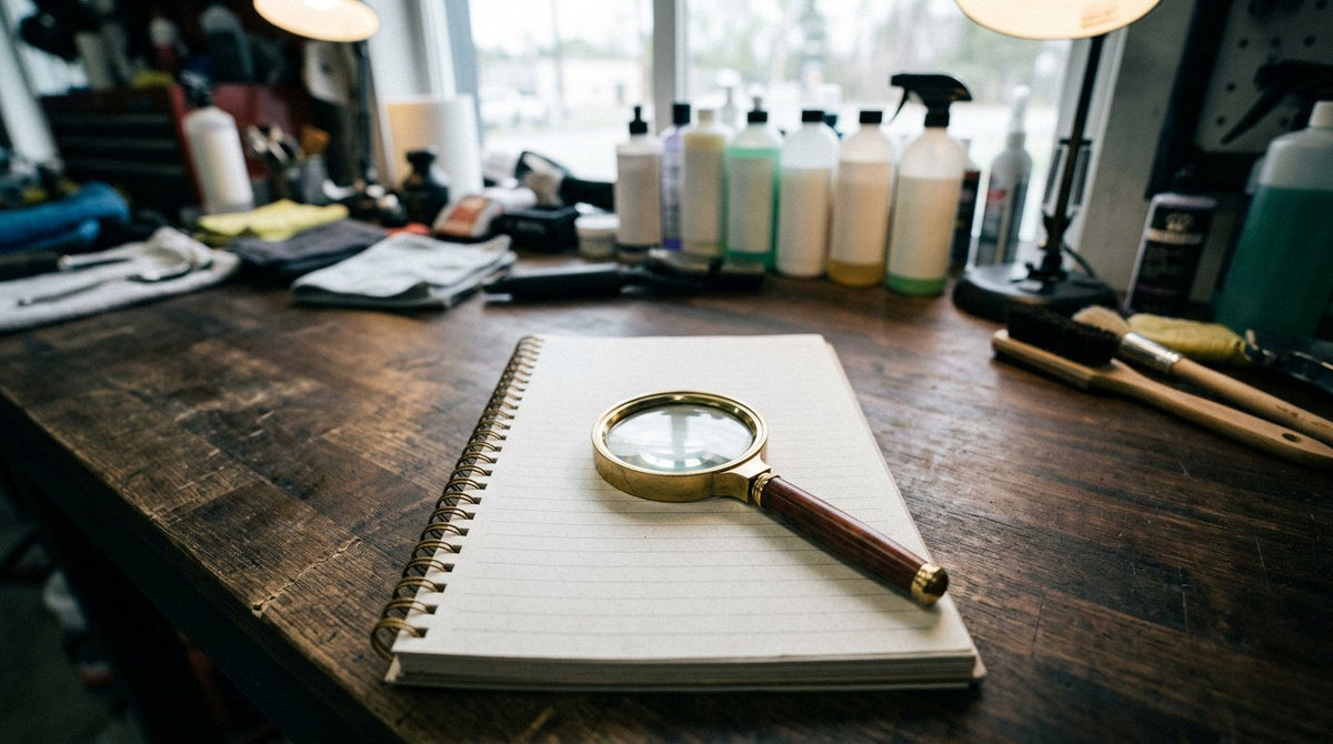Ceramic coating warranty document with fine print on a workshop bench next to a car detailing setup