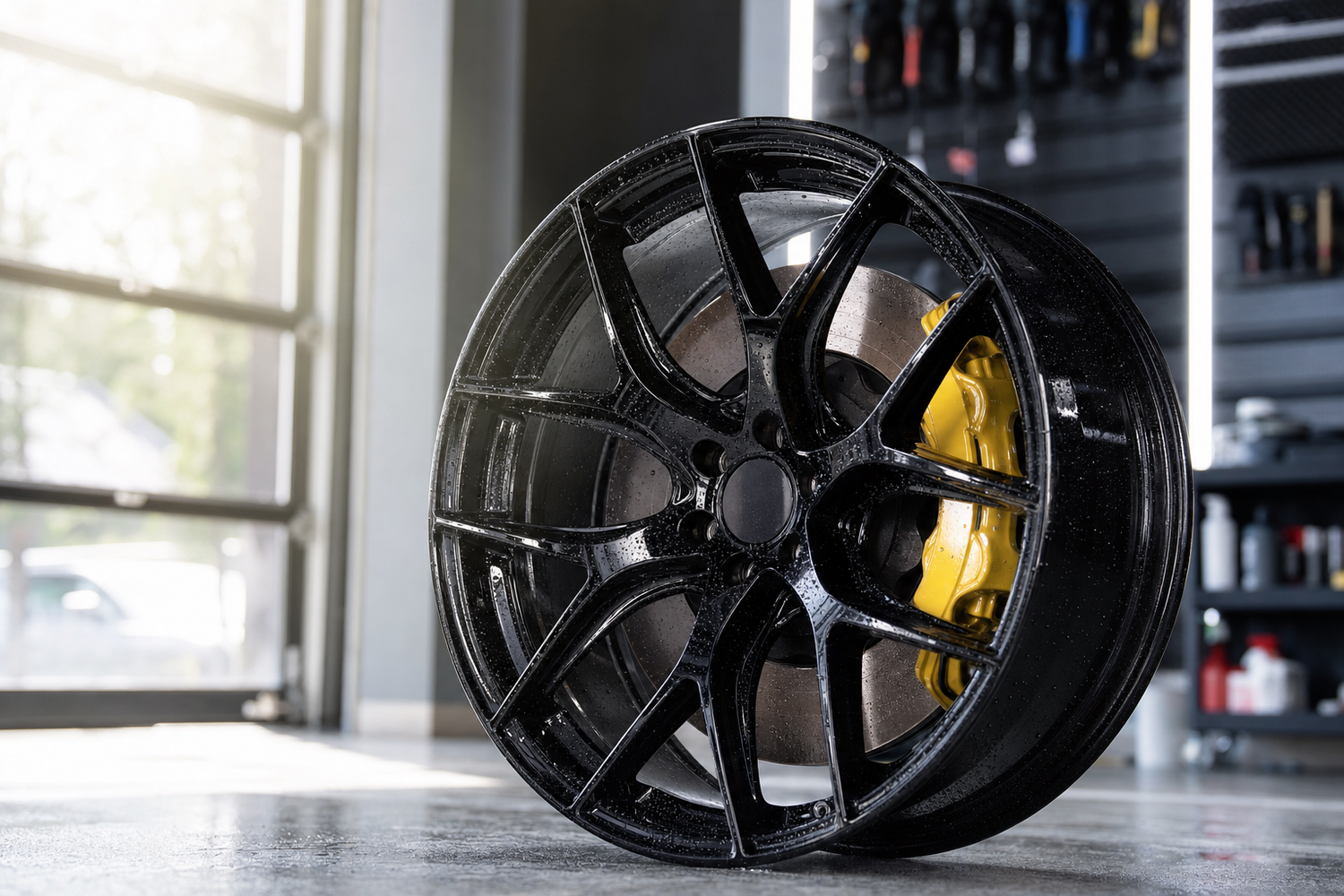 Clean glossy black alloy wheel with water beading in a bright detailing garage