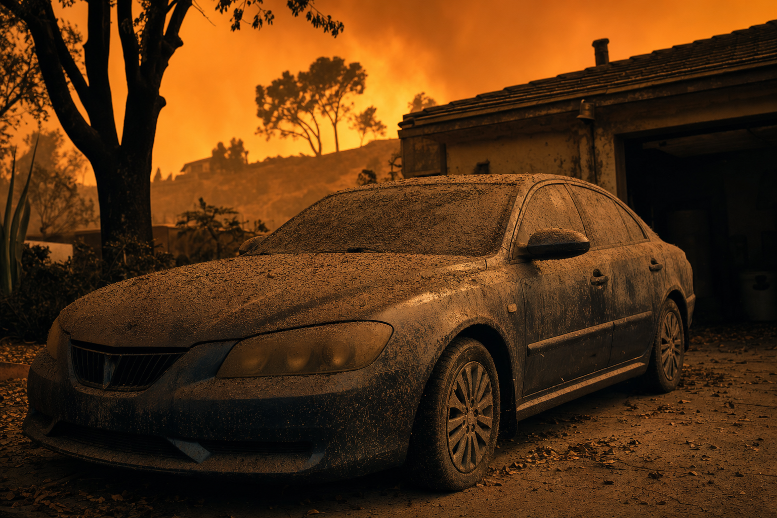 Car covered in fine wildfire ash under an orange smoke-filled sky