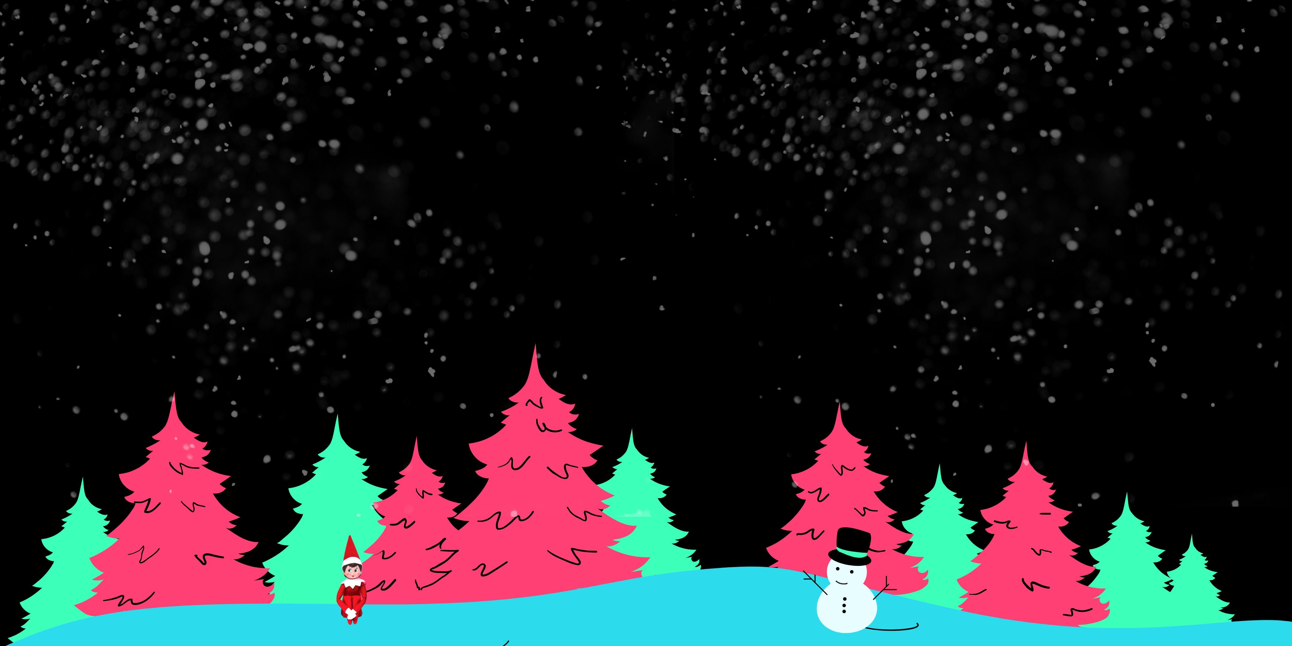 Illustration of pink and teal pine trees on snow, with a snowman wearing a black hat and a small elf figure sitting on the ground, under a black sky with falling snow.