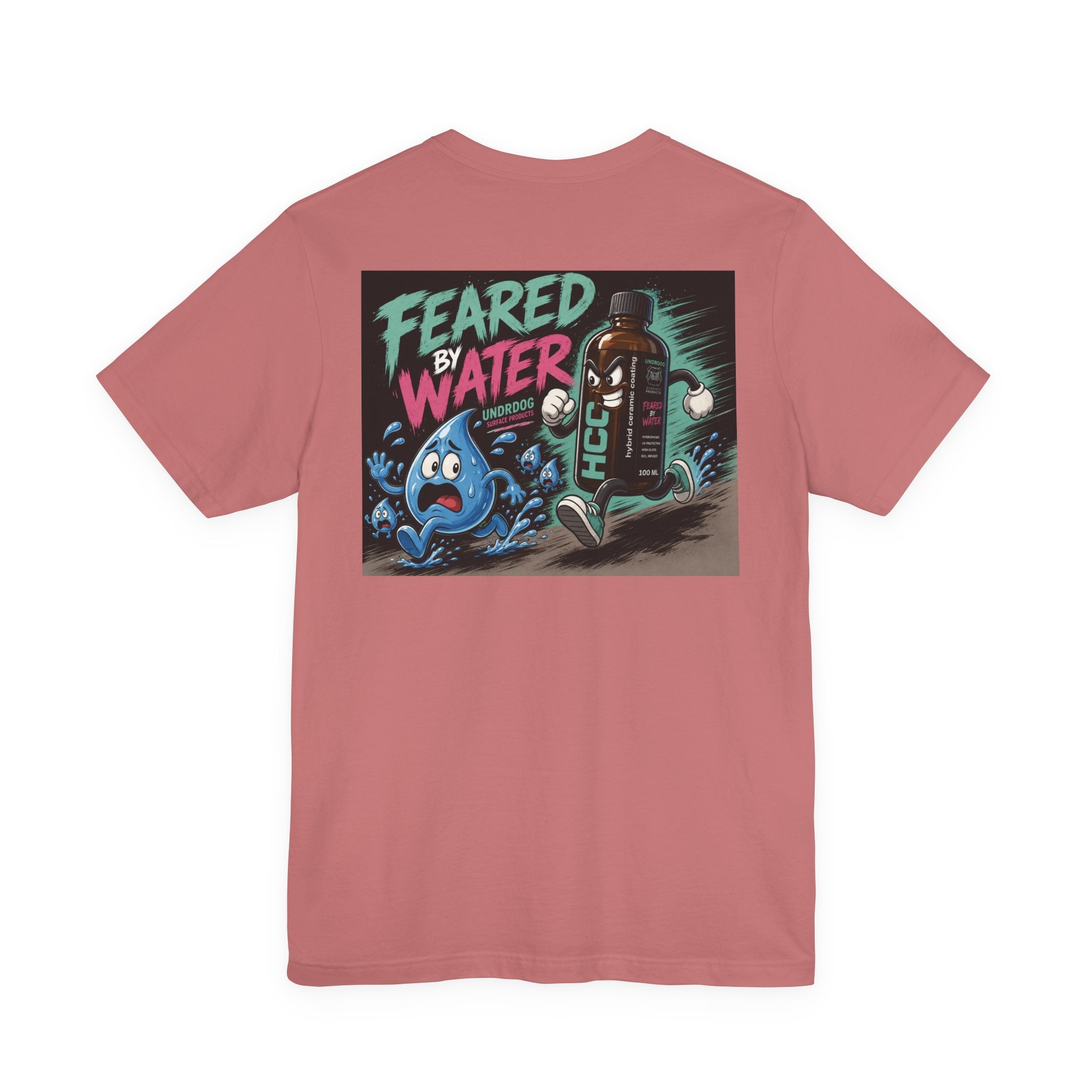 A pink Unisex Jersey Short Sleeve Tee by Printify, made from soft Airlume combed cotton, features a playful cartoon water droplet running from a water bottle and bold "Feared by Water" lettering for extra animated charm.