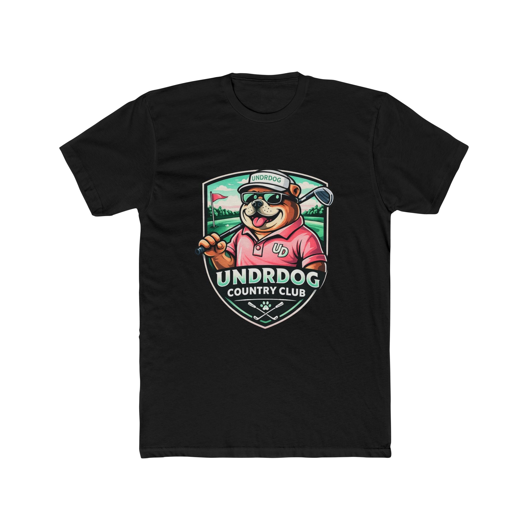 The Underdog Country Club Golf T-Shirt by Printify features a vintage cartoon pup golfing with "Undrdog Country Club" text—a standout choice for fans of unique casual golf apparel.