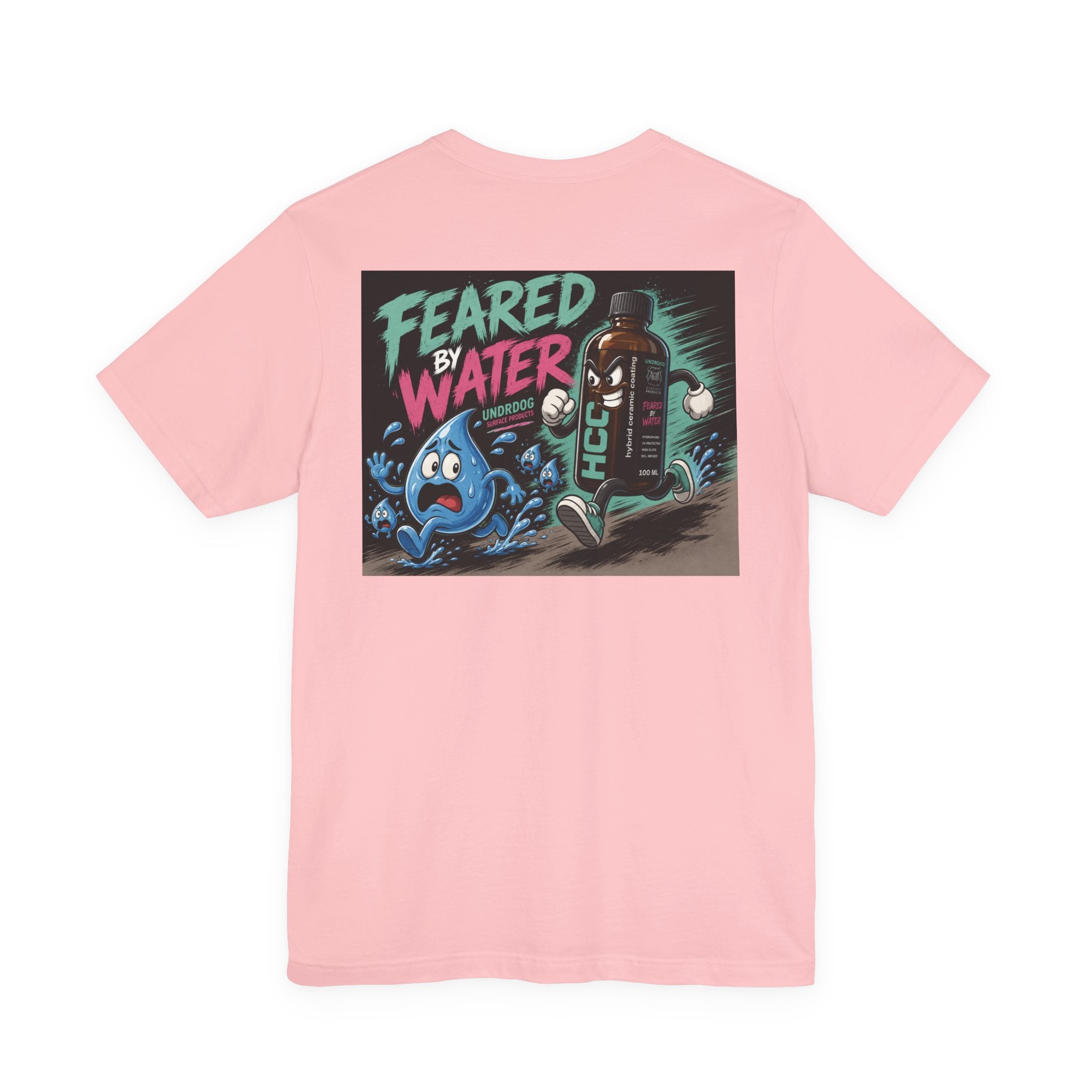 A pink Printify Unisex Jersey Short Sleeve Tee showcases a vibrant graphic of a bottle labeled "H2COCO" chasing a cartoon blue water droplet, with the phrase "Feared by Water" boldly displayed above. Made from soft Airlume cotton, this tee features a playful and colorful design.