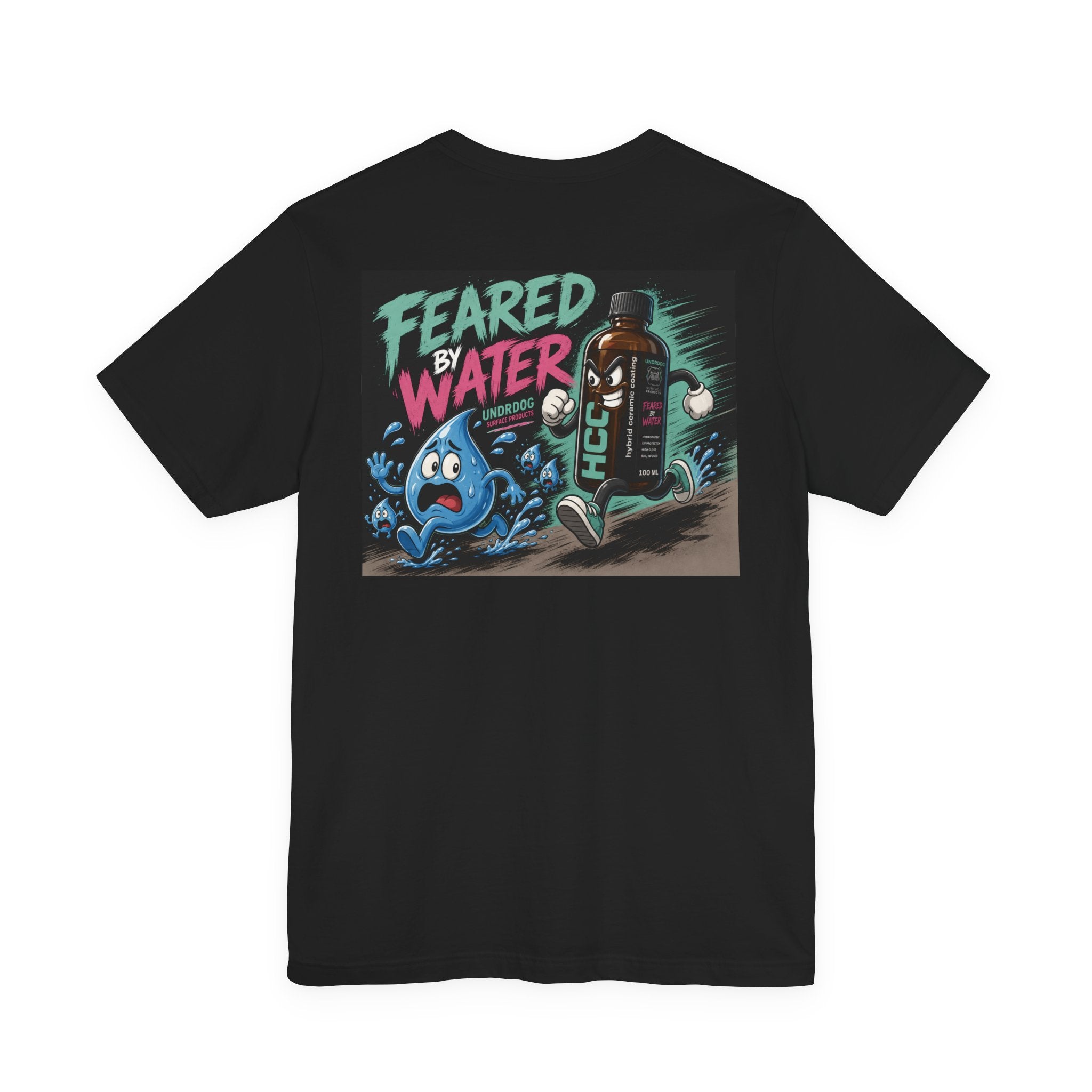 Black unisex jersey short sleeve tee by Printify, featuring a cartoon water droplet running from a bottle labeled “HCC,” with “Feared by Water” in bold text overhead. Made from soft Airlume combed cotton for exceptional comfort and style on any occasion.