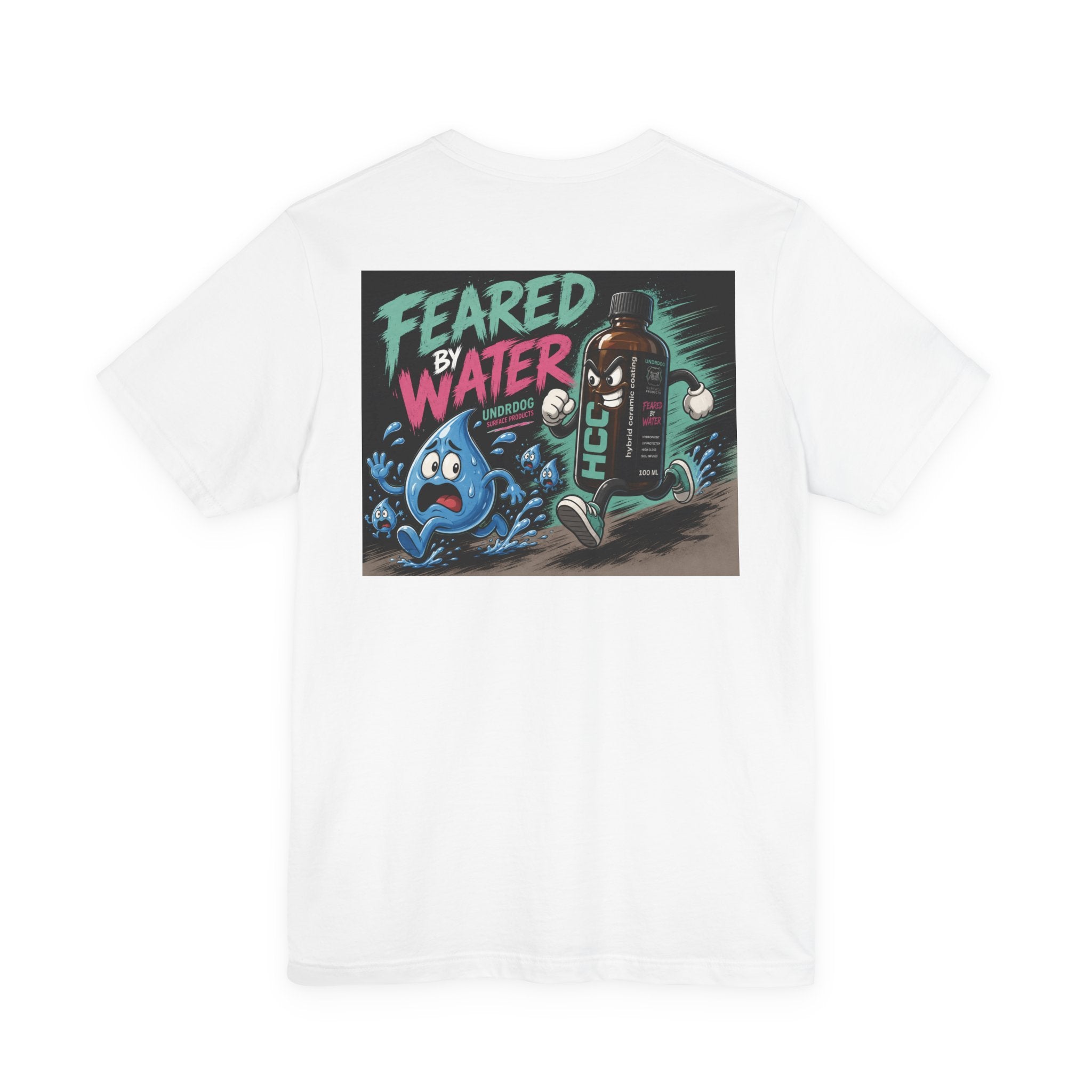 Here’s a revised version using your product data: The Printify Unisex Jersey Short Sleeve Tee showcases a playful cartoon of a frightened water droplet running from a bottle labeled "HCCK," with the bold text "FEARED BY WATER" above. Crafted for superior comfort from premium Airlume combed cotton, this tee is styled after the Bella Canvas 3001.