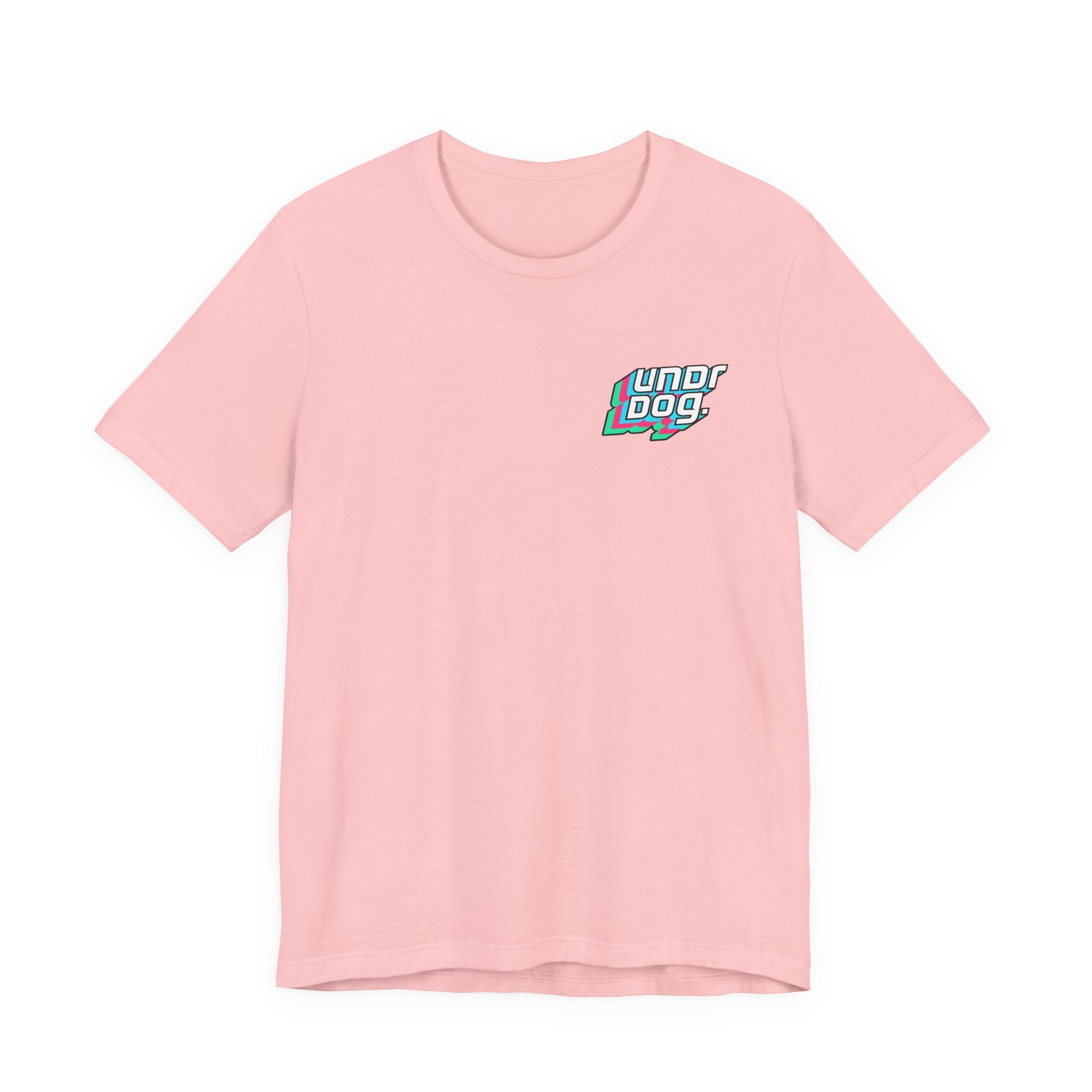 The See Yourself In It Retro Sportscar Tee by Printify is a light pink short-sleeve shirt with a small, colorful retro sportscar graphic on the left chest, shown laid flat on a white background.