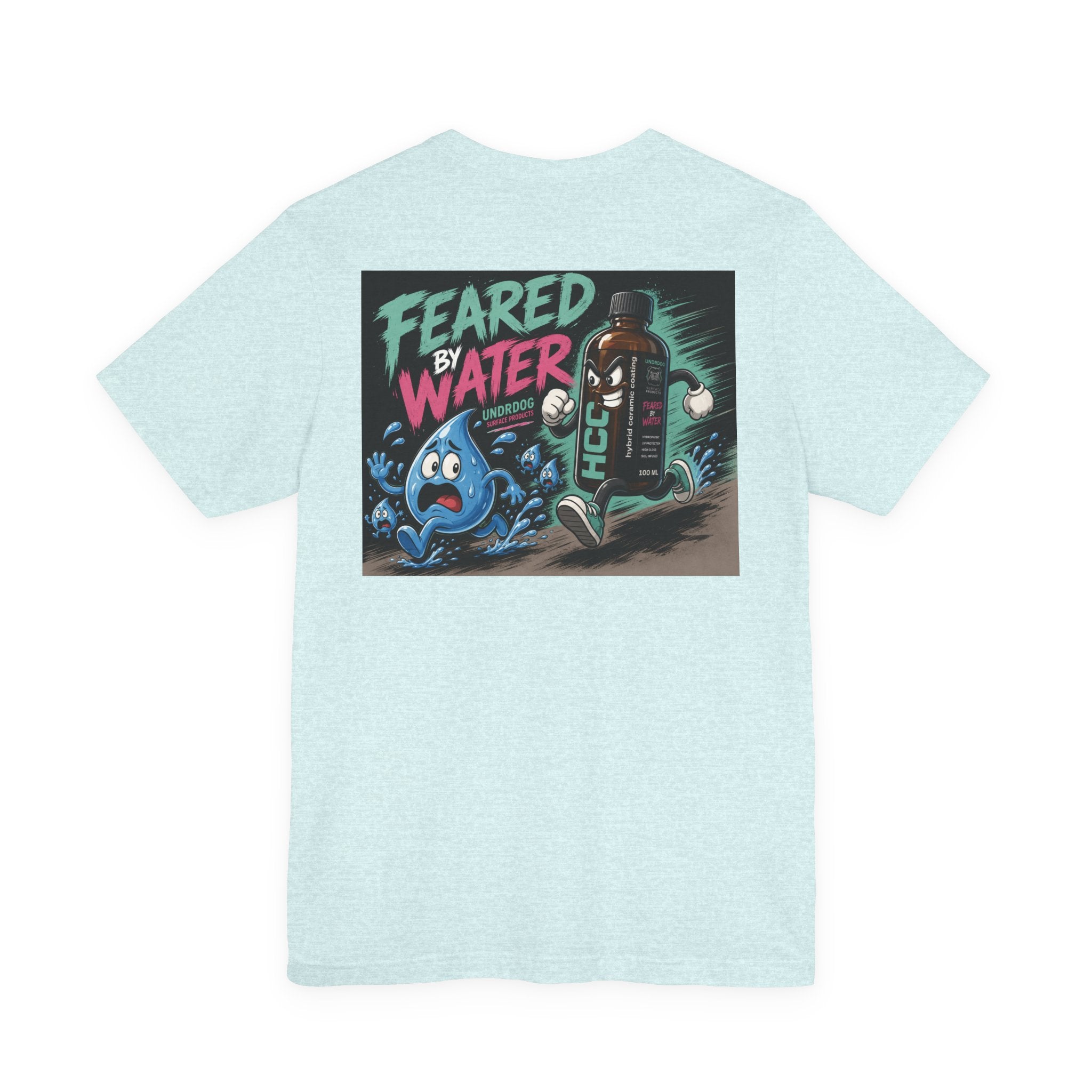 A light blue Unisex Jersey Short Sleeve Tee by Printify, crafted from soft Airlume cotton, showcases a cartoon design of a running bottle labeled "HCC" pursued by a blue water drop, with the bold words "FEARED BY WATER" displayed above them.